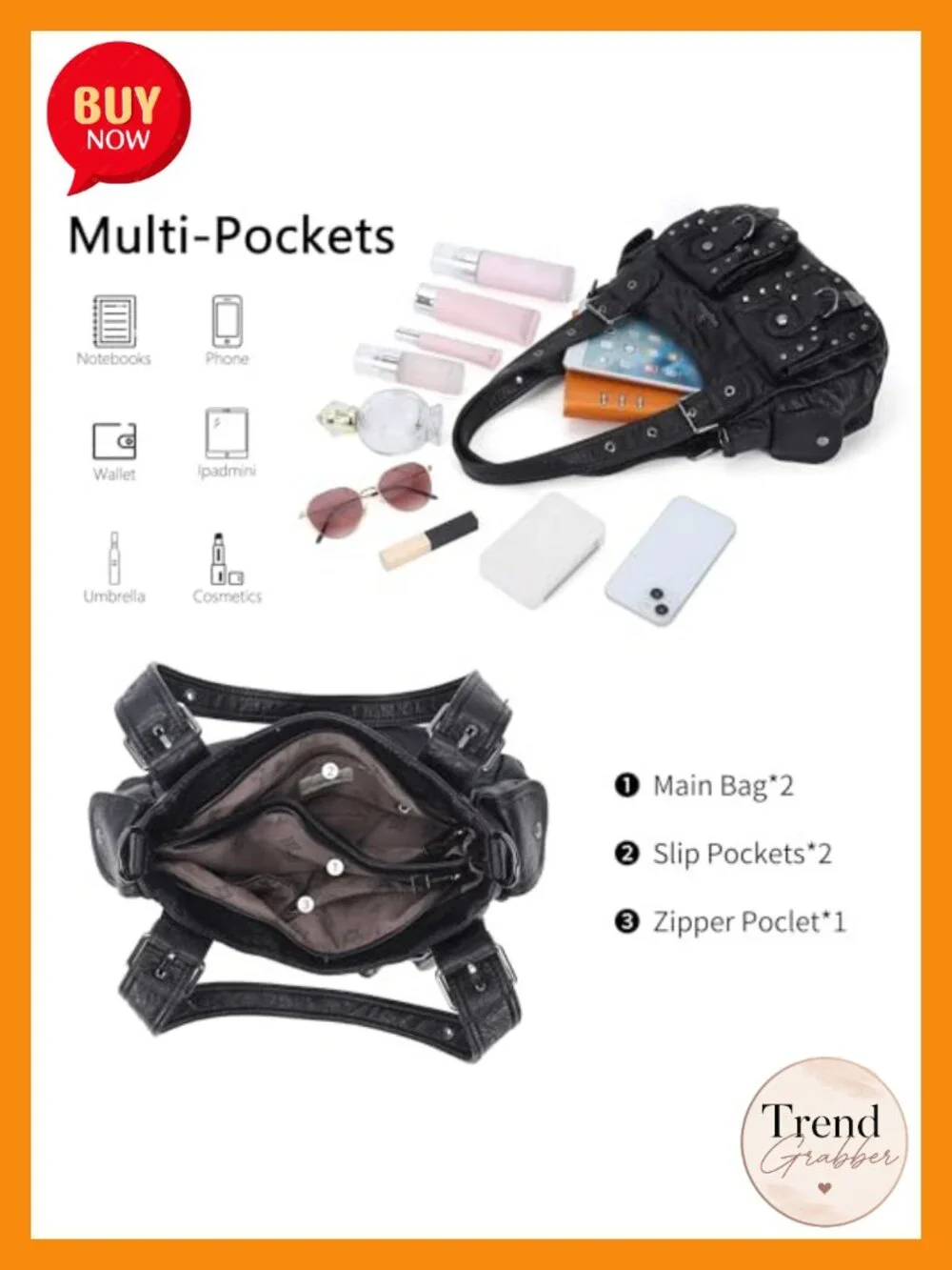 Vegan Leather Hobo Shoulder Bag Multi Pocket Studded Y2K Tote